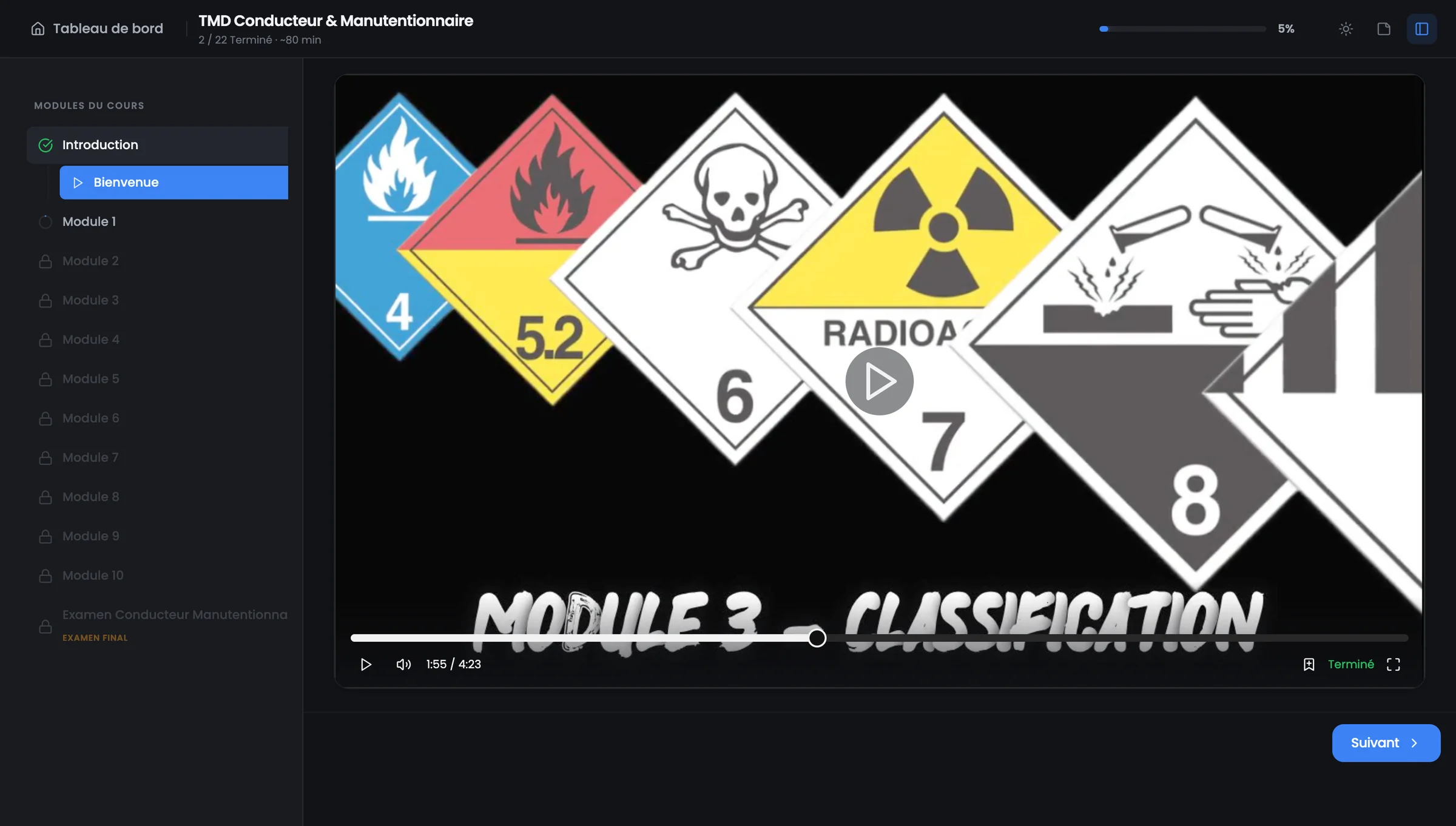 Certigo LMS course player with module navigation on desktop