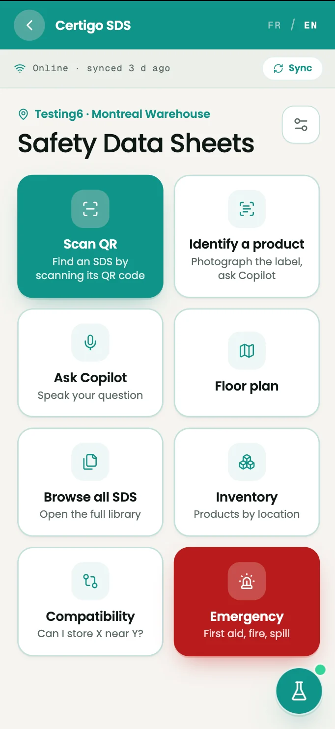 Certigo SDS Manager mobile app with QR scan, Copilot, and emergency access